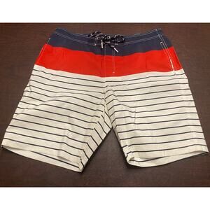 Lands End Red White Blue Stripe Swim Trunk Shorts Pockets Built-in Brief Large